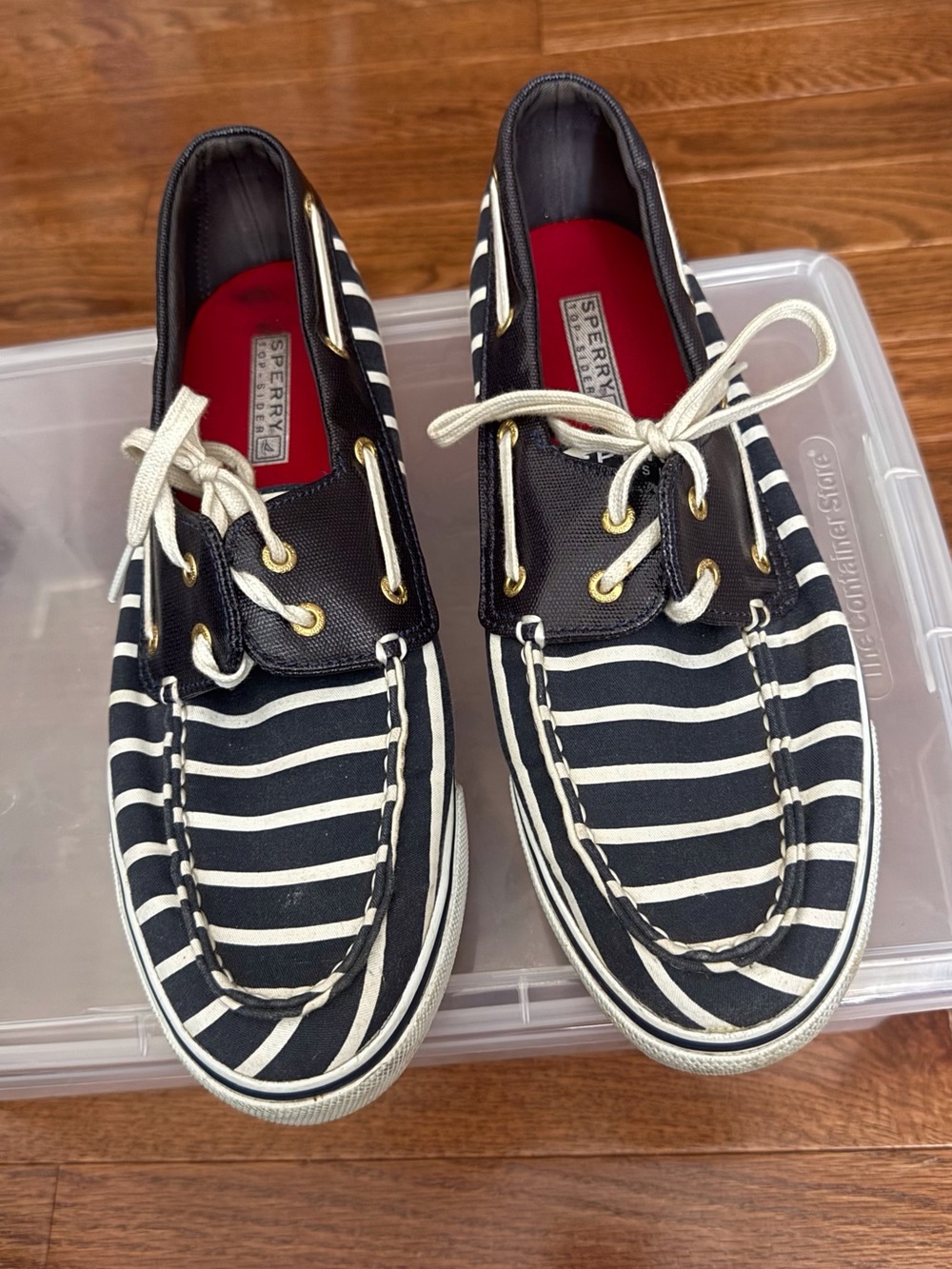 Sperry Black & White Striped Canvas Boat Shoes with Red Insole